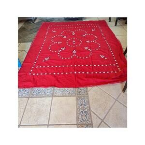 Vintage Cotton Coverlet 2 Shams Queen/Full red white embroidery Floral Medallion
